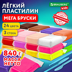 Пластилин супер лёгкий, воздушный, застывающий, БОЛЬШИЕ БРУСОЧКИ 24 цвета, 840 г, 3 стека, BRAUBERG KIDS, 107513