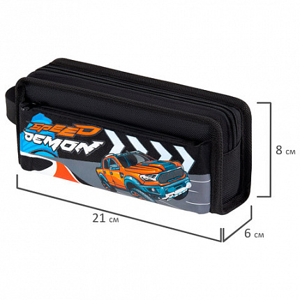 Пенал ЮНЛАНДИЯ ЮНИОР, 2 отделения, с ручкой, полиэстер, "Speed demon", 21х8х6 см, 273817
