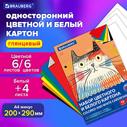 Набор картона БЕЛЫЙ + ЦВЕТНОЙ А4 мелованный, 10 листов (белый 4 листа + цветной 6 листов), в папке, BRAUBERG, 116630