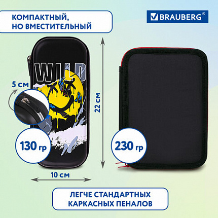 Пенал BRAUBERG, 1 отделение, 1 откидная планка, EVA, 22х10х5 см, "Wild face", 272337