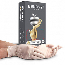 Перчатки латексные смотровые 50 пар (100 штук), размер 8-9, L (большой), бежевые, BENOVY Latex Chlorinated