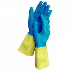 Перчатки МНОГОРАЗОВЫЕ латексные LAIMA "БИКОЛОР", сине-желтые, ОСОБО ПРОЧНЫЕ, хлопковое напыление, размер S (малый), вес 52 г, 700541