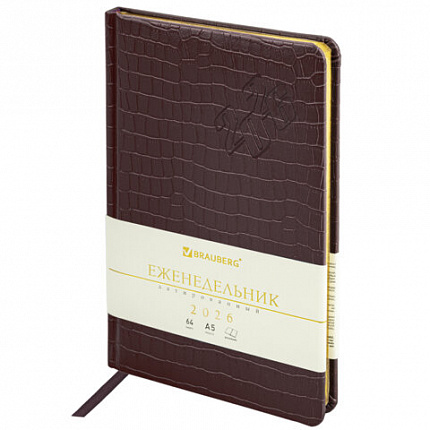 Еженедельник датированный 2026 А5 145х215 мм, BRAUBERG "Comodo", под кожу, темно-коричневый, 117166