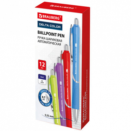 Ручка шариковая автоматическая с грипом BRAUBERG DELTA COLOR, СИНЯЯ, узел 0,7 мм, линия 0,35 мм,144202