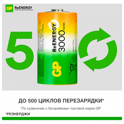 Батарейки аккумуляторные GP ReEnergy Ni-Mh КОМПЛЕКТ 2 шт., D (HR20), 3000 mAh, 300DHCRGY-2CRCB2