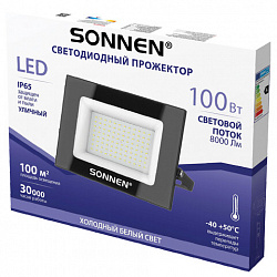 Прожектор светодиодный 100 Вт, 6500 К, 8000 Лм, 100 м2, IP65, 250x178x27 мм, черный, SONNEN, 238415