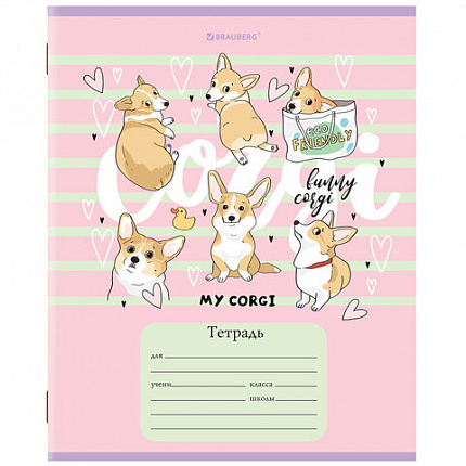 Тетрадь 12 л. BRAUBERG, клетка, обложка картон, "КОРГИ", 106460