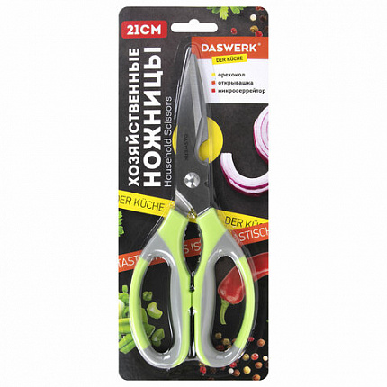 Ножницы кухонные DASWERK (ДАСВЕРК), 210 мм, с орехоколом, открывашкой, зазубренным лезвием, 608903
