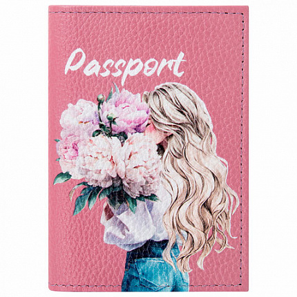 Обложка для паспорта натуральная кожа флоттер, принт "Девушка", цвет пудрово-розовый, BRAUBERG, 238868