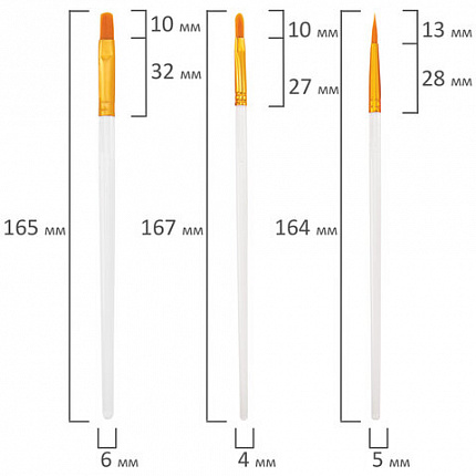Кисти набор 10 шт., синтетика, белые, № 2/0-8 (Круглые; Овальные; Плоские; Лайнеры), WBZ, 201087