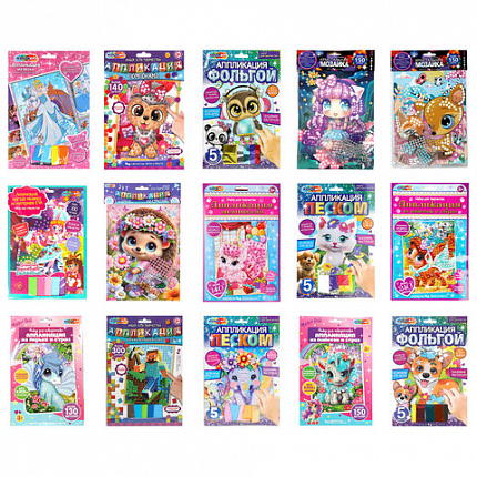 Аппликация АССОРТИ 15 видов, 17х23 см, перья, эва, фольга, мозаика, на картоне, МУЛЬТИ АРТ, 5933