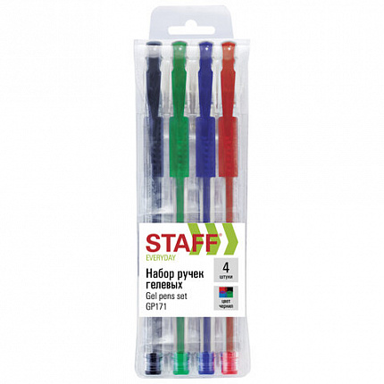 Ручки гелевые с грипом STAFF "EVERYDAY" GP-171, НАБОР 4 ЦВЕТА, узел 0,5 мм, линия письма 0,35 мм, 141826