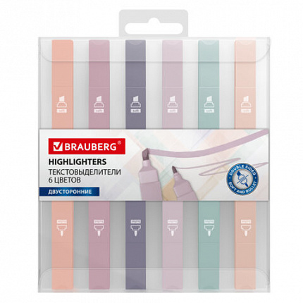Набор текстовыделителей двусторонних 6 ЦВЕТОВ МОРАНДИ, BRAUBERG "Morandi", мягкий наконечник, скошенный 1-5 мм/пулевидный 1 мм, 152514