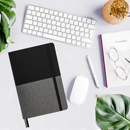 Блокнот А5 (148х218 мм), BRAUBERG "DUO", под кожу с резинкой, 80 л., клетка, черный/серый, 113433