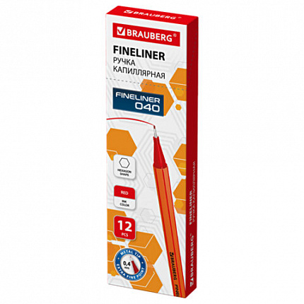 Ручка капиллярная (линер) КРАСНАЯ, BRAUBERG "FINE 040", шестигранная, линия письма 0,4 мм, 144142