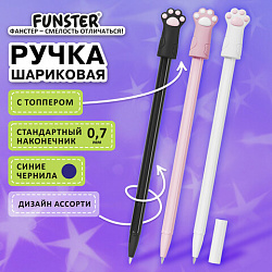 Ручка с топпером шариковая масляная FUNSTER (ФАНСТЕР) "CAT PAWS", СИНЯЯ, корпус ассорти, пишущий узел 0,7 мм, линия письма 0,35 мм, 144369