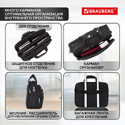 Сумка портфель BRAUBERG CARBON с отделением для ноутбука 15-16", 2 отделения, черная, 31х41х13 см, 240509