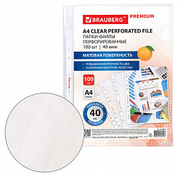 Папки-файлы перфорированные А4 BRAUBERG "PREMIUM", КОМПЛЕКТ 100 шт., матовые, 40 мкм, 273008