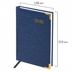 Ежедневник датированный 2026, А5, 138x213 мм, BRAUBERG "Senator", под кожу, синий, 117091