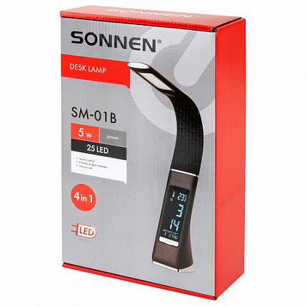 Настольная лампа / светильник SONNEN SM-01B на подставке, LCD-экран, СВЕТОДИОДНАЯ, 5 Вт, черный, 238232