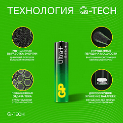 Батарейки КОМПЛЕКТ 4 шт., GP Ultra Plus G-Tech, AAA (LR03), алкалиновые, мизинчиковые, 24AUPA21-2CRSB4