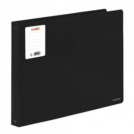 Папка на 4 кольцах БОЛЬШОГО ФОРМАТА А3, ГОРИЗОНТАЛЬНАЯ, 30 мм, до 250 листов, черная, 0,8 мм, STAFF, 274003
