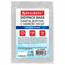 Пакеты дой-пак с замком ZIP LOCK, прозрачные, 100х150 + 30 мм, КОМПЛЕКТ 100 штук, 70 мкм, BRAUBERG, 700695