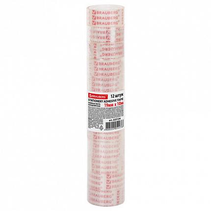 Клейкие ленты 19 мм х 10 м канцелярские BRAUBERG, комплект 12 шт., прозрачные, 223124