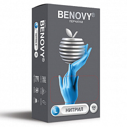 Перчатки нитриловые смотровые 100 пар (200 штук), размер 8-9, L (большой), BENOVY Nitrile Chlorinated