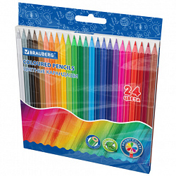 Карандаши цветные BRAUBERG, 24 цвета, цветной корпус, ПВХ-бокс, шестигранные, 182068