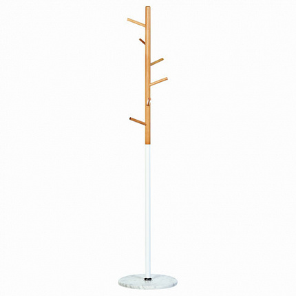 Вешалка-стойка BRABIX "CR-1906" на мраморном диске, металл белый/дерево бук, 6 крючков, 606440