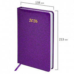 Ежедневник датированный 2026 А5 138x213 мм BRAUBERG Sparkle, под кожу, блестки, фиолетовый, 117438