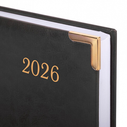 Ежедневник датированный 2026, А5, 138x213 мм, BRAUBERG "Senator", под кожу, черный, 117094