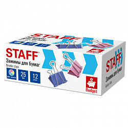 Зажимы для бумаг STAFF ECO, КОМПЛЕКТ 12 шт, 25 мм, на 100 листов, цветные, картонная коробка, 274038