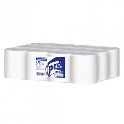 Полотенца бумажные с центральной вытяжкой 120 м, PROtissue (M1) COMFORT, 1-слойные, белые, КОМПЛЕКТ 12 рулонов, С194, C194