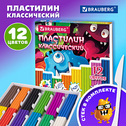Пластилин классический "МОНСТРИКИ", 12 цветов, 240 г, СТЕК, ВЫСШЕЕ КАЧЕСТВО, BRAUBERG, 107356