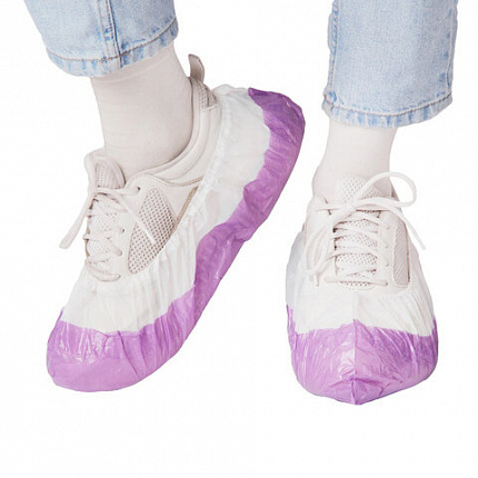 Бахилы двойные, КОМПЛЕКТ 100 шт. (50 пар), ЭКСТРА, 39х14 см, 32 мкм, 3 г, бело-фиолетовые, ELEGREEN, ПНД-8/8/1р-Б-Ф