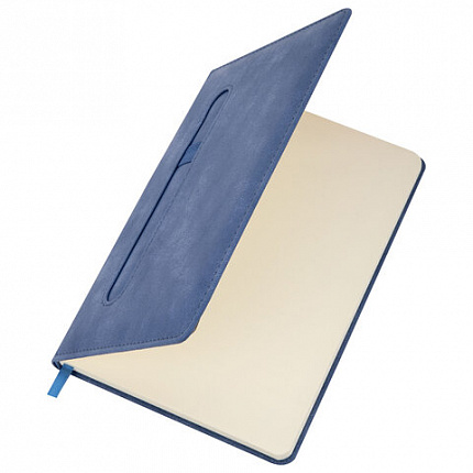 Блокнот А5 148x218 мм BRAUBERG "Optimal", под кожу, 80 листов, резинка, держатель для ручки, клетка, синий, 118633