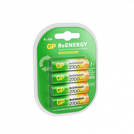 Батарейки аккумуляторные GP ReEnergy Ni-Mh пальчиковые КОМПЛЕКТ 4 шт., АА (HR6), 2600mAh, 270AAHCRGY, 270AAHCRGY-2CRC