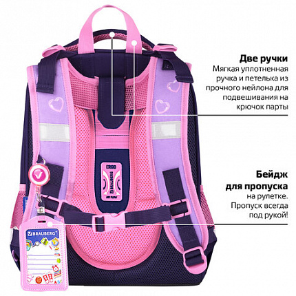 Ранец BRAUBERG PREMIUM, 2 отделения, с брелоком, "Кошачьи лапки", велюровая панель, 38х29х16 см, 273098