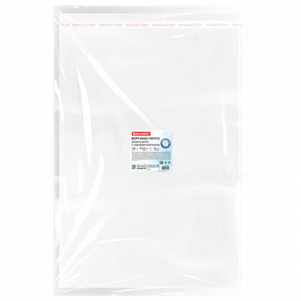 Пакеты БОПП с клеевым клапаном, КОМПЛЕКТ 100 штук, 40х60 + 4 см, 30 мкм, с усиленным швом, BRAUBERG, 700412