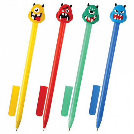 Ручка с топпером шариковая ЮНЛАНДИЯ "Монстрик", корпус ассорти, СИНЯЯ, пишущий узел 0,7 мм, 143798