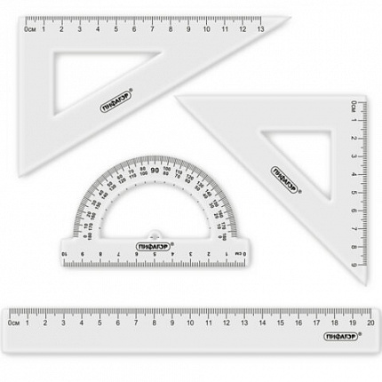 Набор чертежный ПИФАГОР (линейка 20 см, 2 треугольника, транспортир), прозрачный, 210852