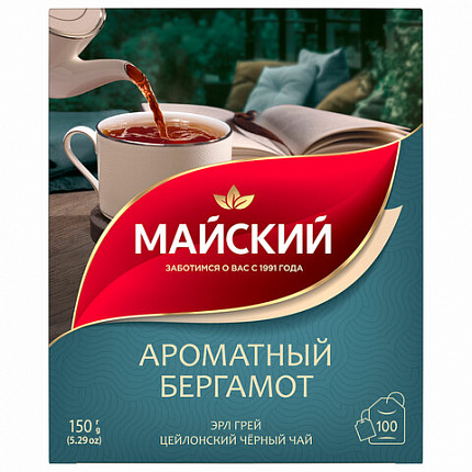 Чай МАЙСКИЙ "Ароматный бергамот" черный цейлонский байховый, 100 пакетиков по 1,5 г, 102627