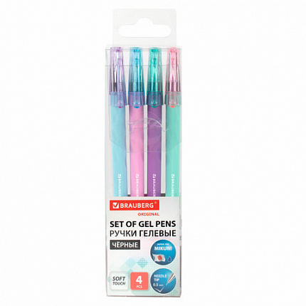 Ручки гелевые BRAUBERG ORIGINAL, ЧЕРНЫЕ, НАБОР 4 штуки, игольчатый узел 0,5 мм, линия письма 0,35 м, 144247