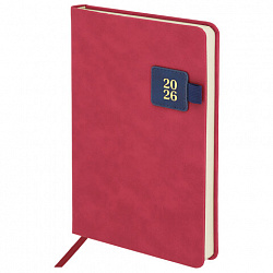 Ежедневник датированный 2026 А5 138х213 мм, BRAUBERG "Accent", под кожу, держатель, красный/синий, 117384