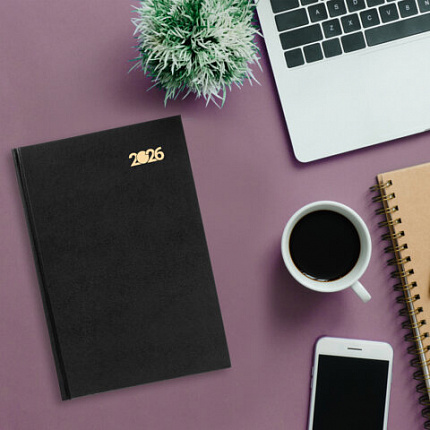 Ежедневник датированный 2026 145х215 мм, А5, STAFF, обложка бумвинил, черный, 117307