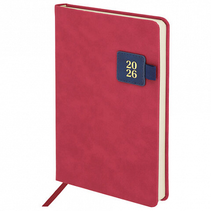 Ежедневник датированный 2026 А5 138х213 мм, BRAUBERG "Accent", под кожу, держатель, красный/синий, 117384