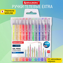 Ручки гелевые НЕОН BRAUBERG "EXTRA", НАБОР 12 ЦВЕТОВ, узел 0,7 мм, линия 0,5 мм, 143912