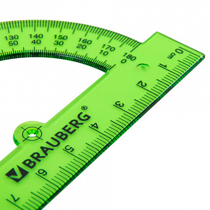 Транспортир пластиковый 10 см, 180 градусов, BRAUBERG, прозрачный, неоновый, ассорти, 210847